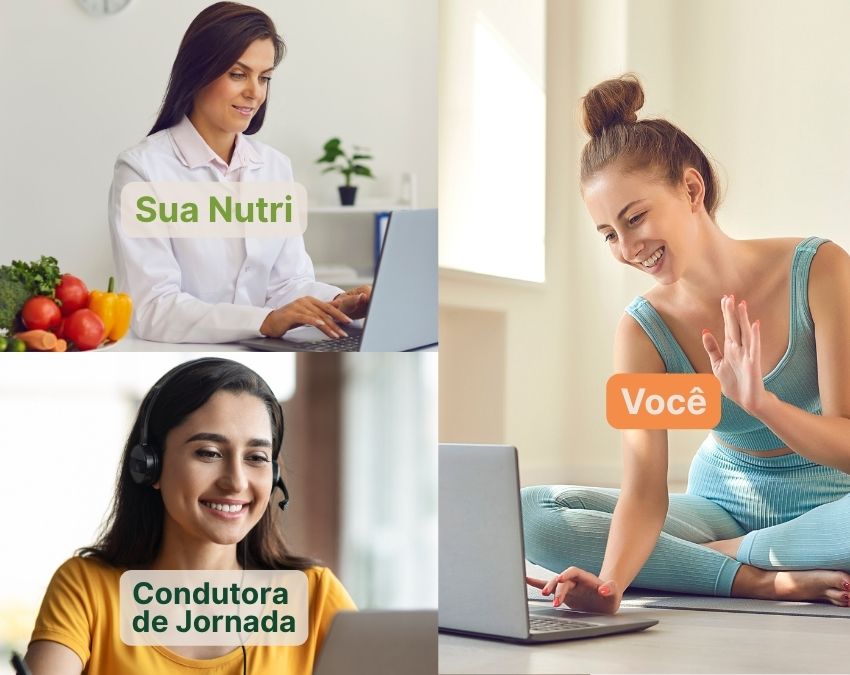 Mulher sorridente participando de consulta online com nutricionista